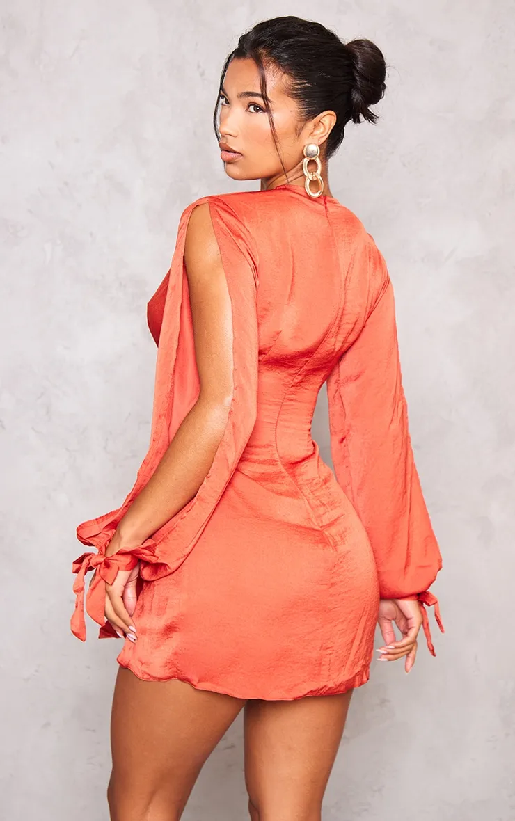 Rust Satin Twist Front Open Sleeve Wrap Dress sold by Pretty Little Thing product image thumbnail 2