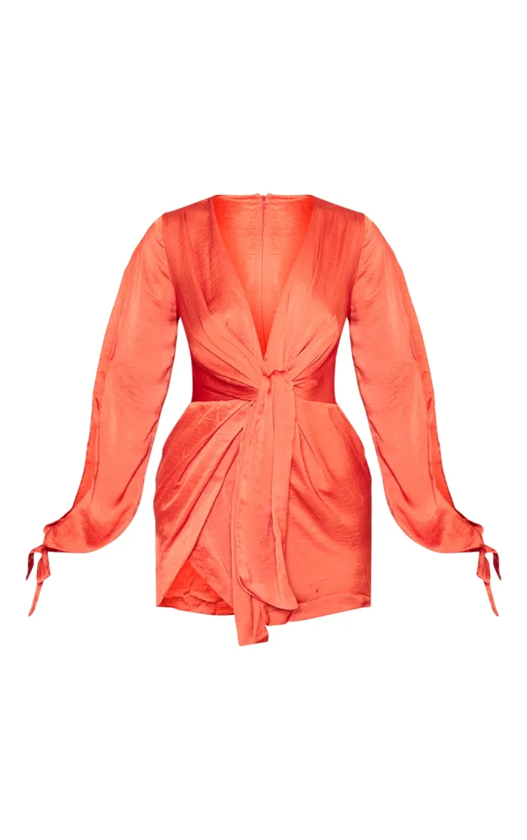 Rust Satin Twist Front Open Sleeve Wrap Dress sold by Pretty Little Thing product image thumbnail 5