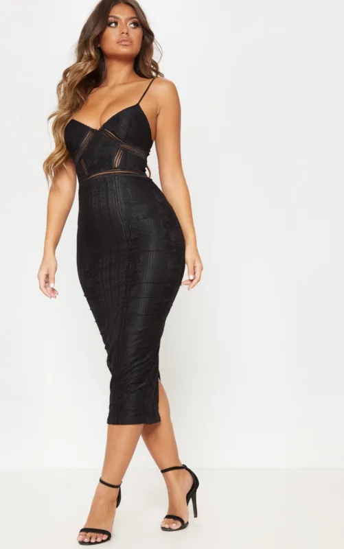 Black Lace Mesh Stripe Insert Midi Dress sold by Pretty Little Thing