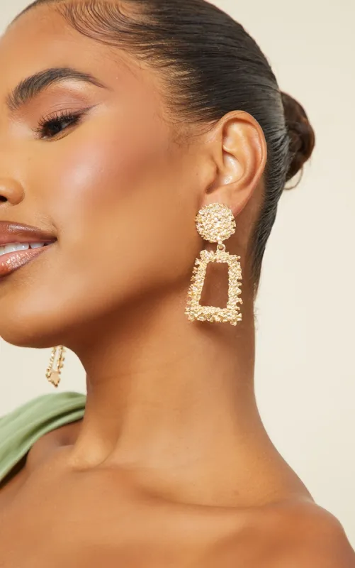 Gold Chunky Textured Square Drop Door Knocker Earrings sold by Pretty Little Thing