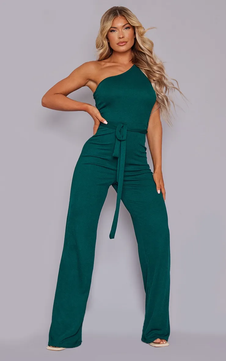 Emerald Green One Shoulder Tie Waist Jumpsuit sold by Pretty Little Thing