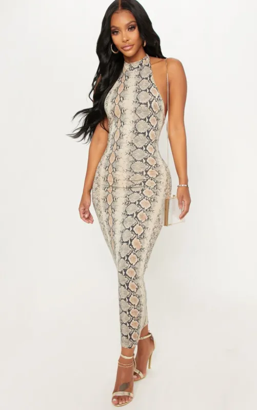 Shape Taupe Snake Print Halterneck Midaxi Dress sold by Pretty Little Thing