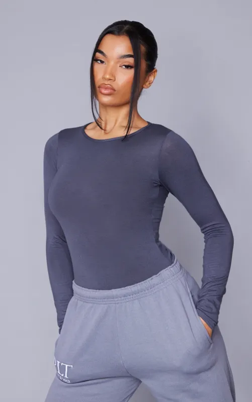 Basic Charcoal Crew Neck Long Sleeve Bodysuit sold by Pretty Little Thing
