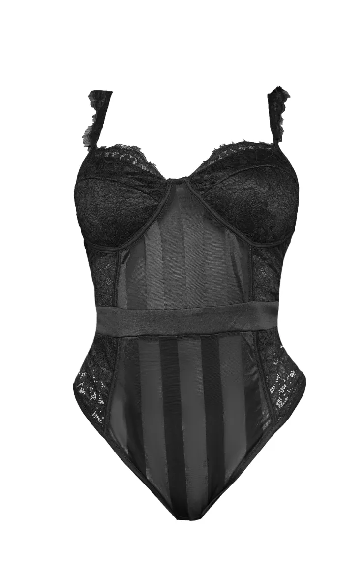 Shape Black Lace Mesh Stripe Bodysuit sold by Pretty Little Thing product image thumbnail 5