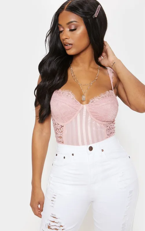 Shape Dusty Pink Lace Mesh Stripe Bodysuit sold by Pretty Little Thing