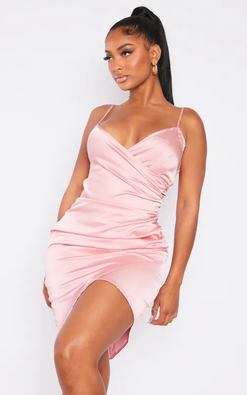 Shape Dusty Pink Satin Wrap Dress sold by Pretty Little Thing