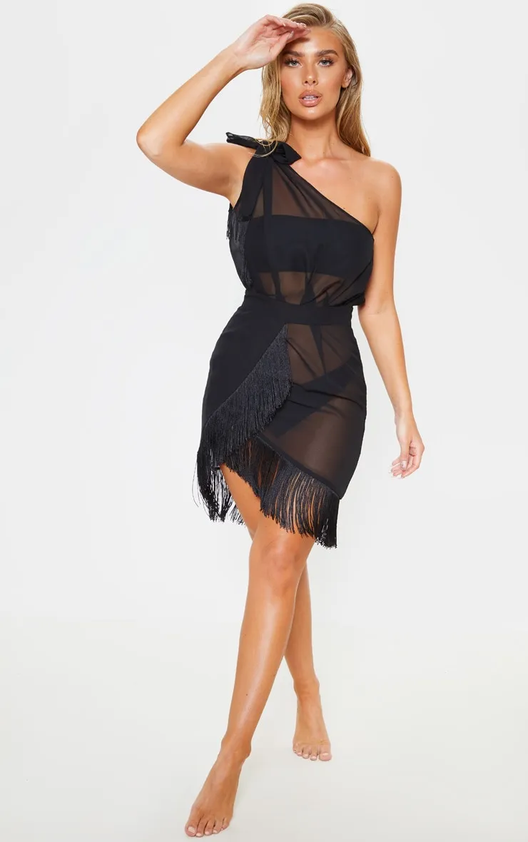 Black Asymmetric Fringe Beach Dress sold by Pretty Little Thing product image thumbnail 4