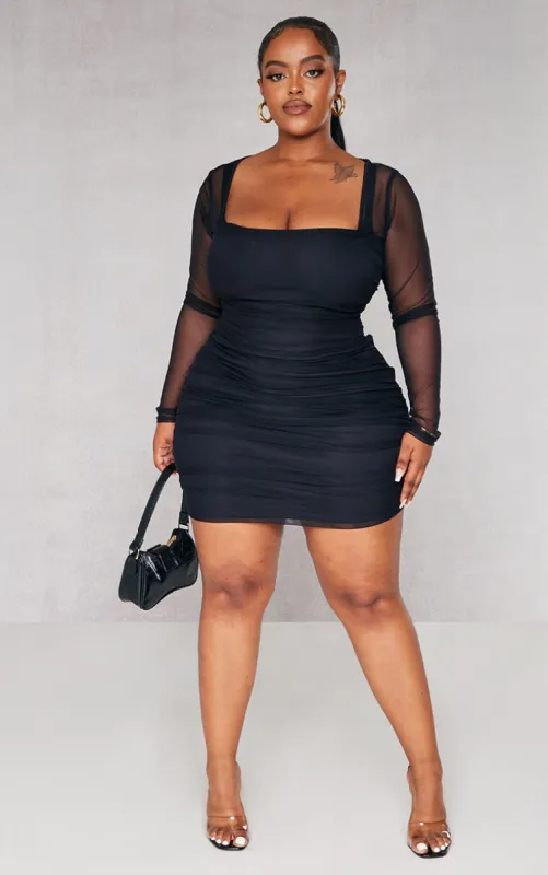 Plus Black Mesh Square Neck Ruched Bodycon Dress sold by Pretty Little Thing