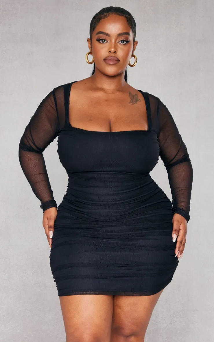 Plus Black Mesh Square Neck Ruched Bodycon Dress sold by Pretty Little Thing product image thumbnail 3