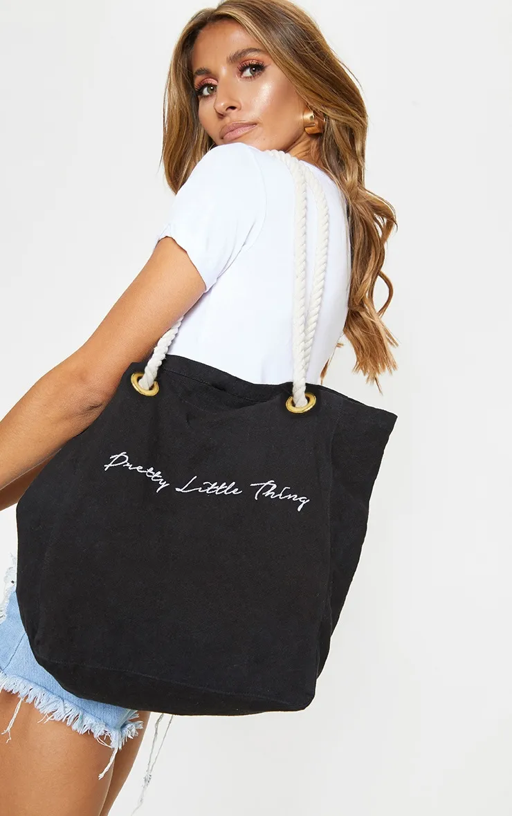 PRETTYLITTLETHING Black Cotton Beach Bag sold by Pretty Little Thing