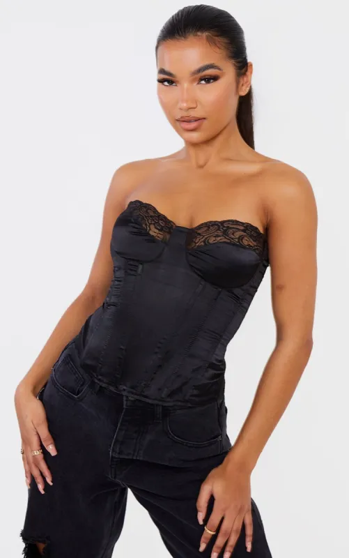 Black Lace Trim Satin Corset sold by Pretty Little Thing