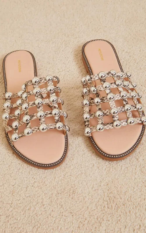 Snake Alisa Large Studded Sliders sold by Pretty Little Thing