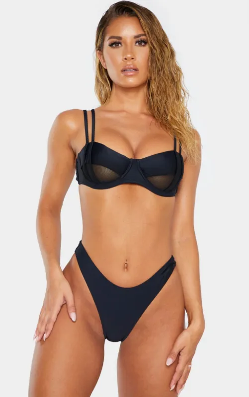 Black Underwired Mesh Cut Out Bikini Top sold by Pretty Little Thing