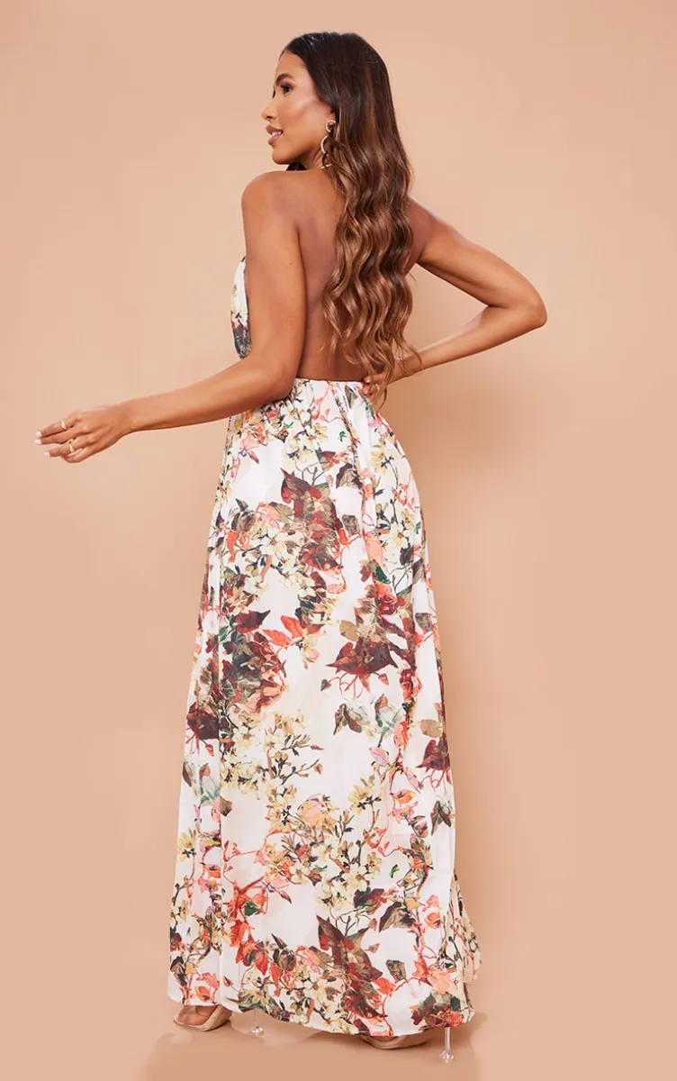 White Floral Print Chiffon Halterneck Maxi Dress | Parallel