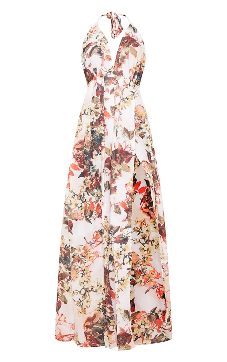 White Floral Print Chiffon Halterneck Maxi Dress sold by Pretty Little Thing product image thumbnail 5