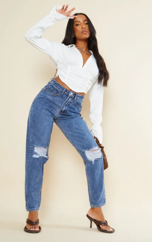 PRETTYLITTLETHING Dark Blue Knee Rip Mom Jeans sold by Pretty Little Thing