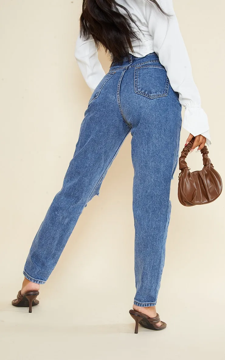 PRETTYLITTLETHING Dark Blue Knee Rip Mom Jeans sold by Pretty Little Thing product image thumbnail 3