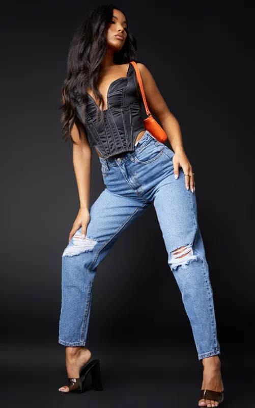 PRETTYLITTLETHING Mid Blue Knee Rip Mom Jeans sold by Pretty Little Thing