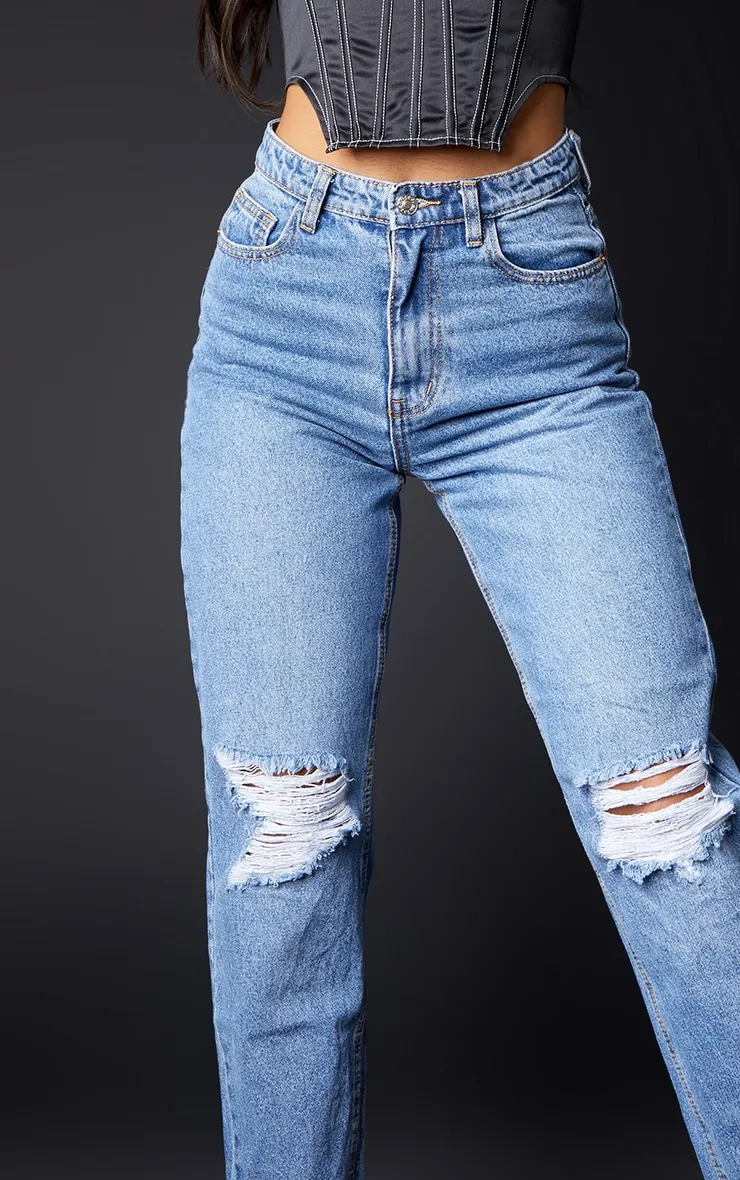 PRETTYLITTLETHING Mid Blue Knee Rip Mom Jeans sold by Pretty Little Thing product image thumbnail 4