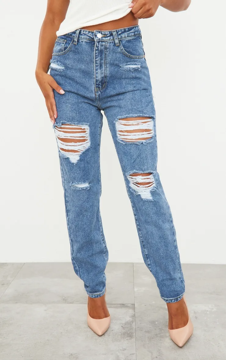 PRETTYLITTLETHING Mid Blue Ripped Mom Jeans sold by Pretty Little Thing product image thumbnail 2