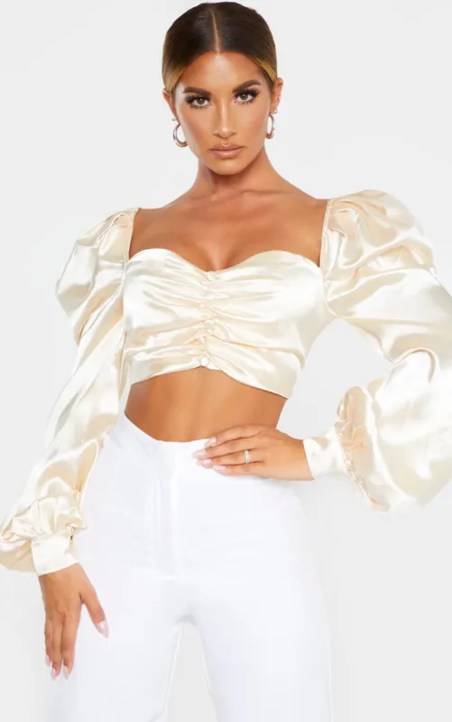 Nude Satin Button Front Square Neck Crop Top sold by Pretty Little Thing