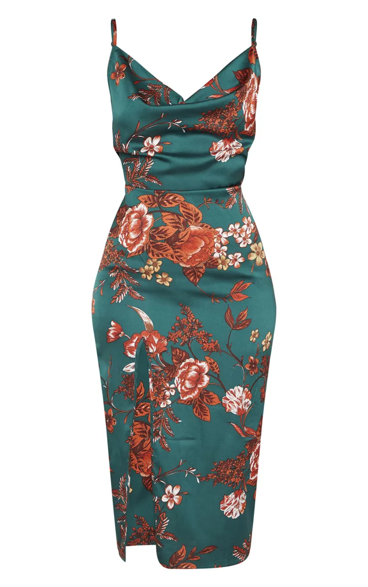 Emerald Green Floral Strappy Satin Cowl Midi Dress sold by Pretty Little Thing product image thumbnail 3