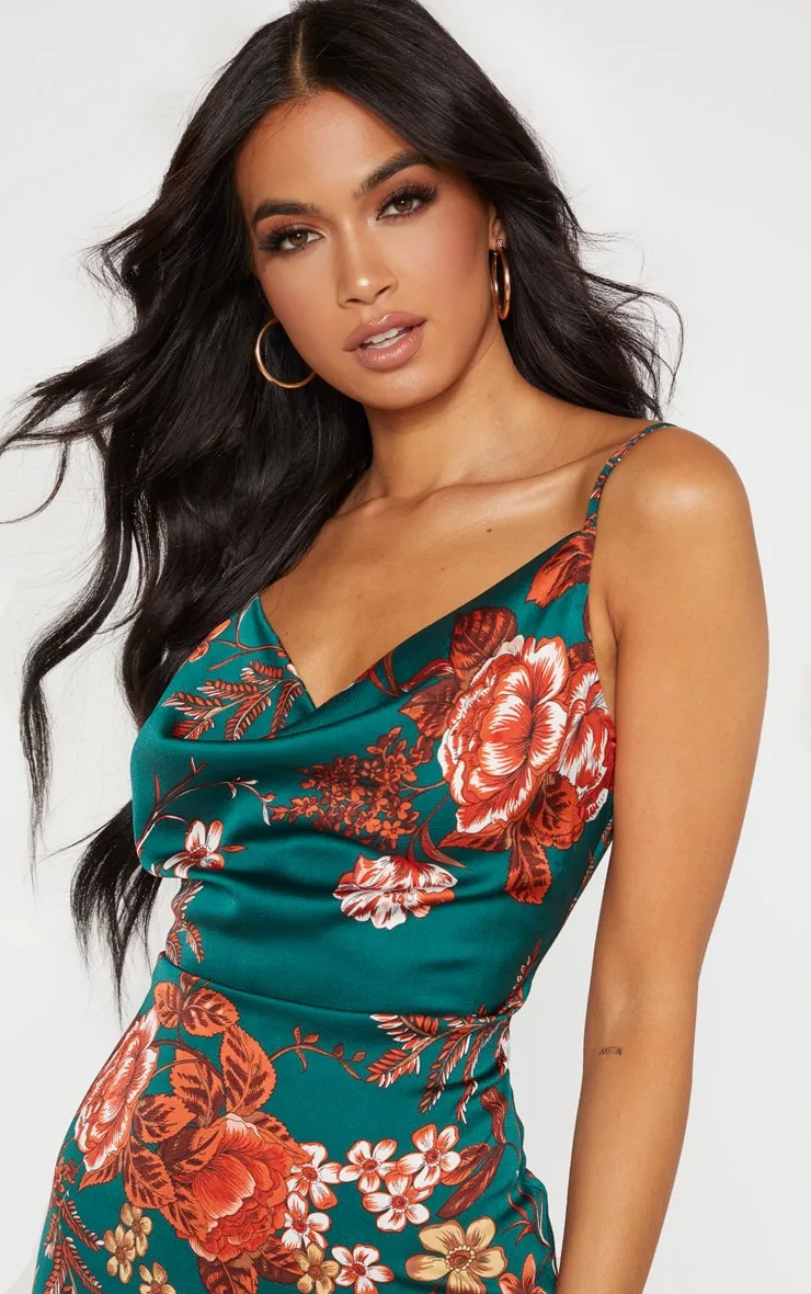 Emerald Green Floral Strappy Satin Cowl Midi Dress sold by Pretty Little Thing product image thumbnail 5