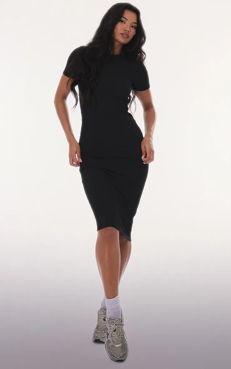 Black Ribbed Short Sleeve Crew Neck Midi Dress sold by Pretty Little Thing