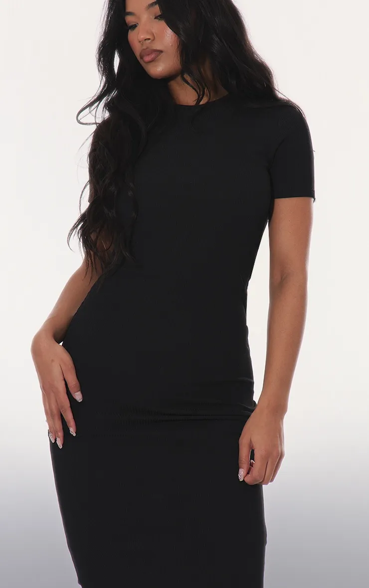 Black Ribbed Short Sleeve Crew Neck Midi Dress sold by Pretty Little Thing product image thumbnail 4