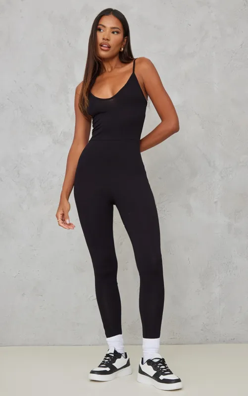 Black Basic Strappy Plunge Jumpsuit sold by Pretty Little Thing