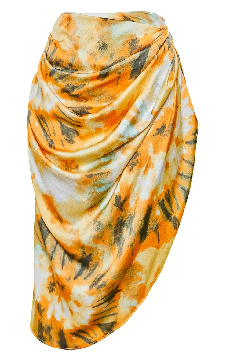 Orange Tie Dye Ruched Side Midi Skirt sold by Pretty Little Thing product image thumbnail 3