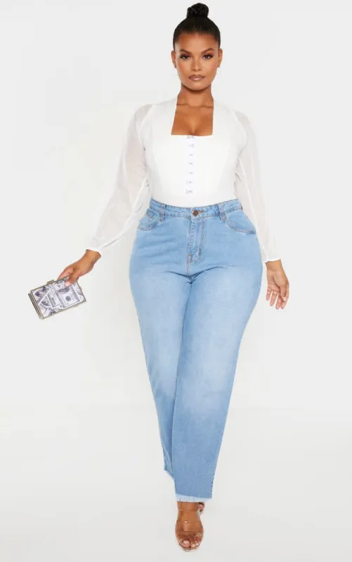 Plus White Eyelet Detail Mesh Sleeve Bodysuit sold by Pretty Little Thing