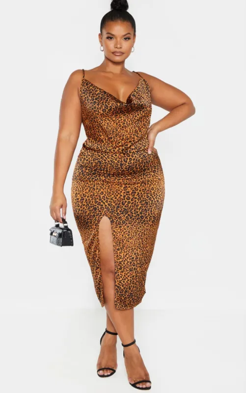 Plus Leopard Print Strappy Satin Cowl Midi Dress sold by Pretty Little Thing
