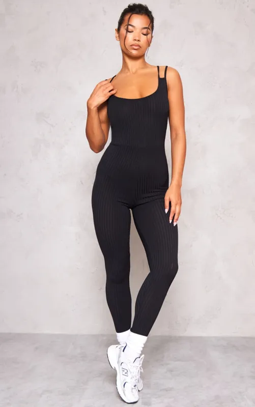 Black Rib Double Strap Jumpsuit sold by Pretty Little Thing