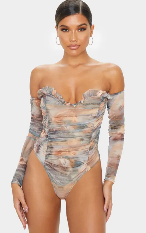 Multi Water Renaissance Printed Mesh Ruched Bardot Bodysuit sold by Pretty Little Thing