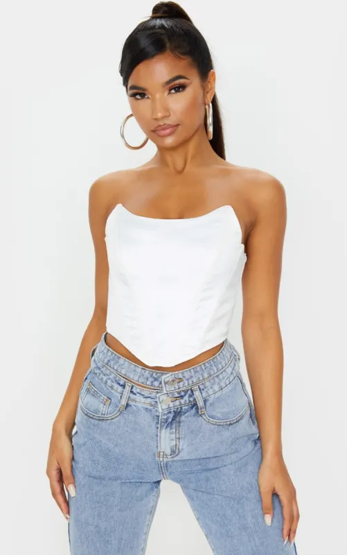 White Satin Pointed Hem Bandeau Corset sold by Pretty Little Thing