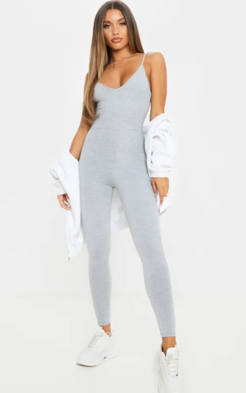 Grey Marl Basic Strappy Plunge Jumpsuit sold by Pretty Little Thing