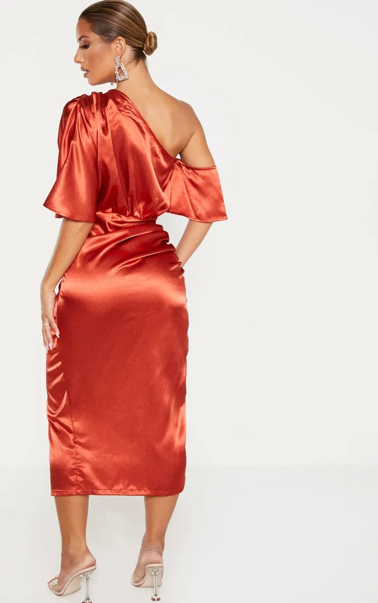 Rust Satin One Shoulder Ruched Skirt Midi Dress sold by Pretty Little Thing product image thumbnail 2