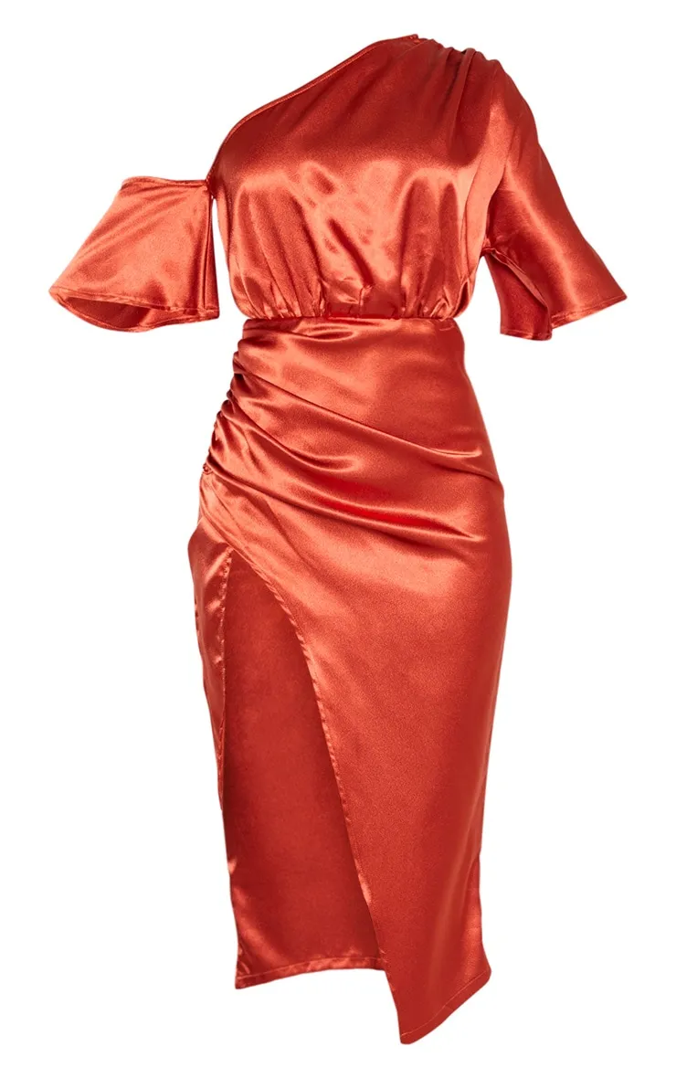 Rust Satin One Shoulder Ruched Skirt Midi Dress sold by Pretty Little Thing product image thumbnail 3