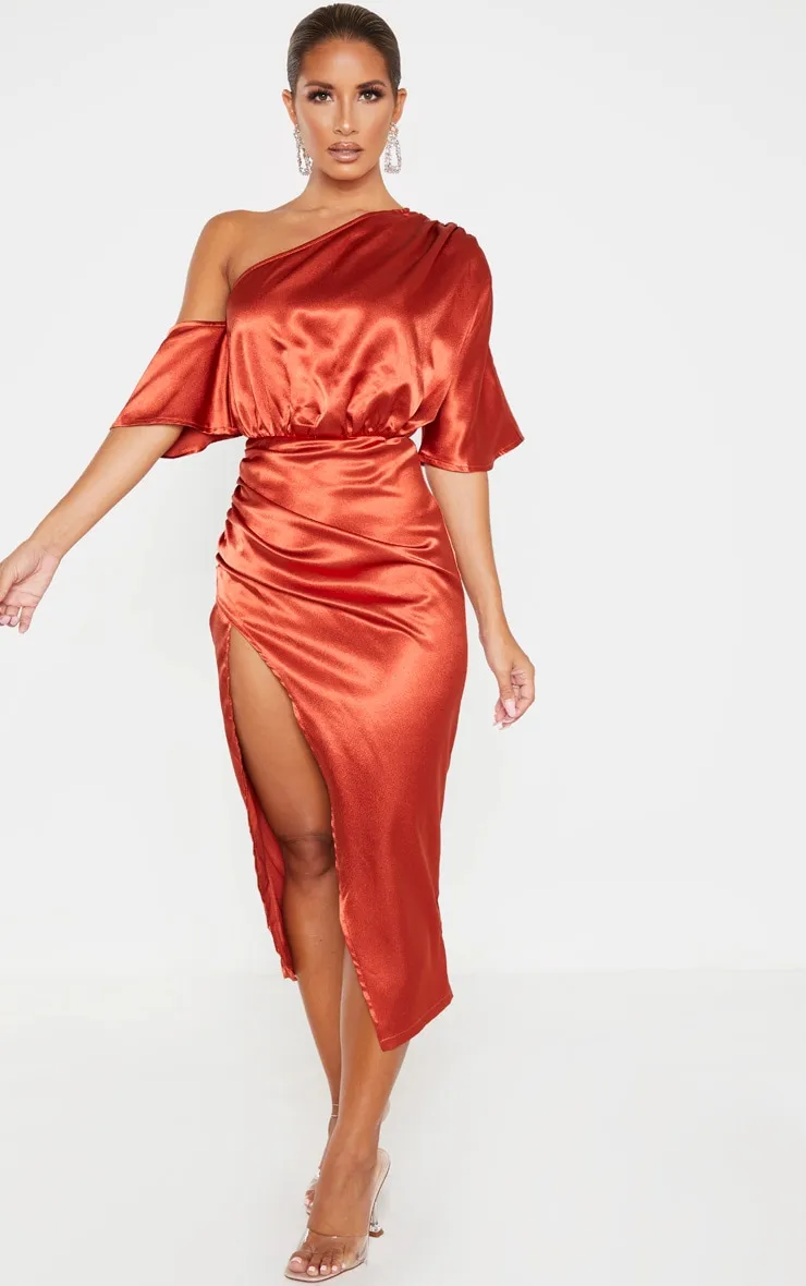 Rust Satin One Shoulder Ruched Skirt Midi Dress sold by Pretty Little Thing product image thumbnail 4
