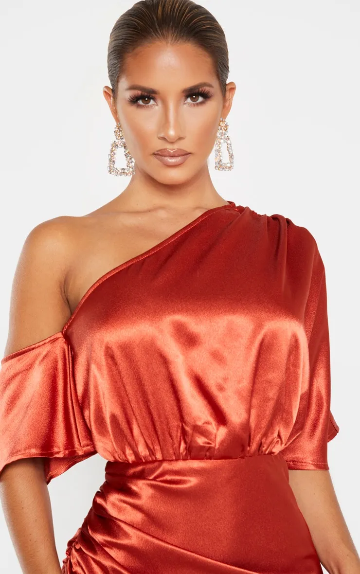 Rust Satin One Shoulder Ruched Skirt Midi Dress sold by Pretty Little Thing product image thumbnail 5