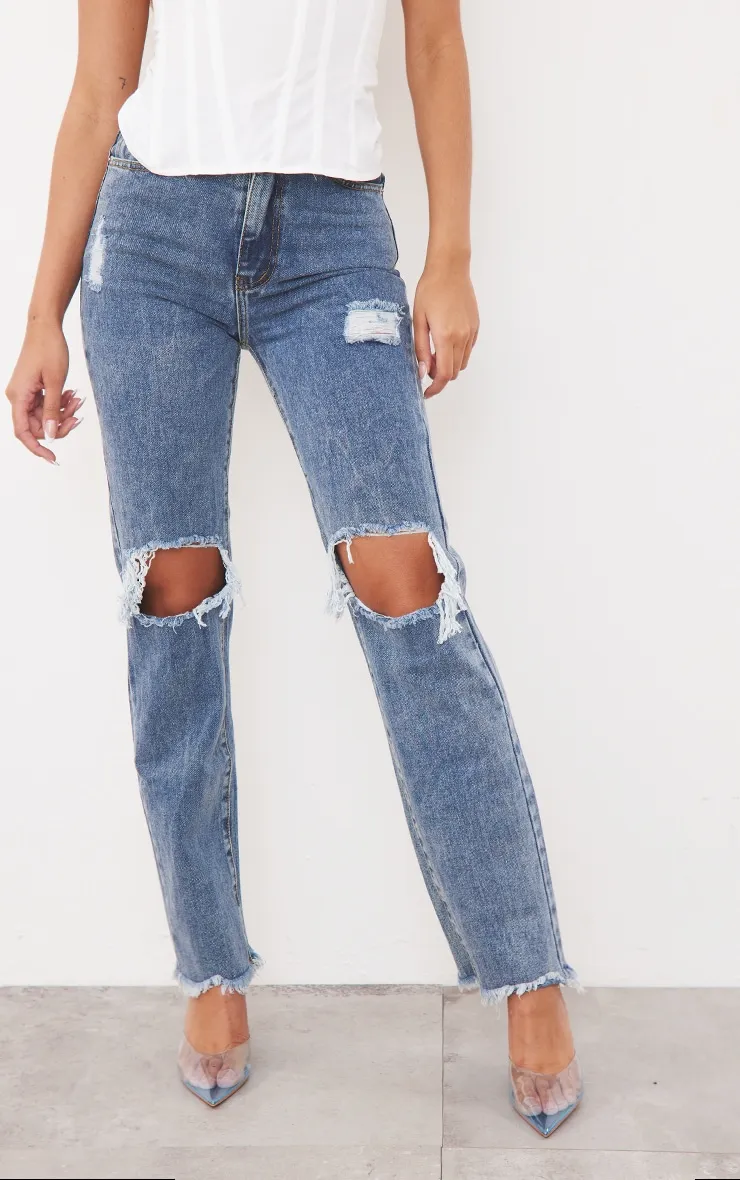 Vintage Wash High Rise Ripped Straight leg Jeans sold by Pretty Little Thing product image thumbnail 2
