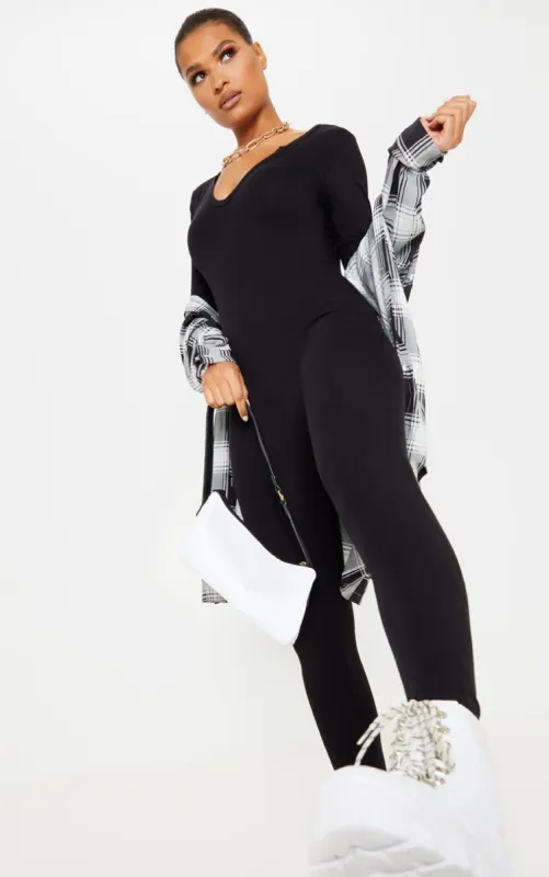 Black Seamless Cotton Elastane V Neck Jumpsuit sold by Pretty Little Thing