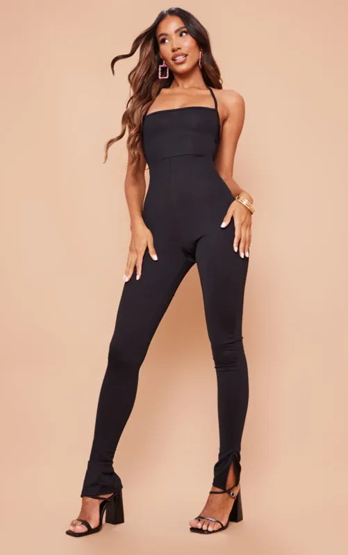 Black Strappy Back Split Hem Jumpsuit sold by Pretty Little Thing