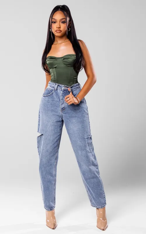 Mid Wash Thigh Split Baggy Boyfriend Jeans sold by Pretty Little Thing