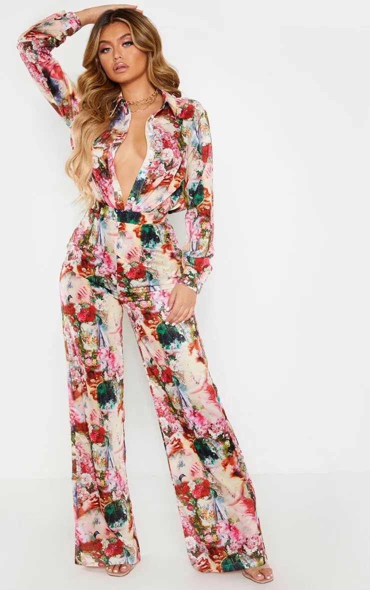 Rose Femme Renaissance Print Wide Leg Trousers sold by Pretty Little Thing