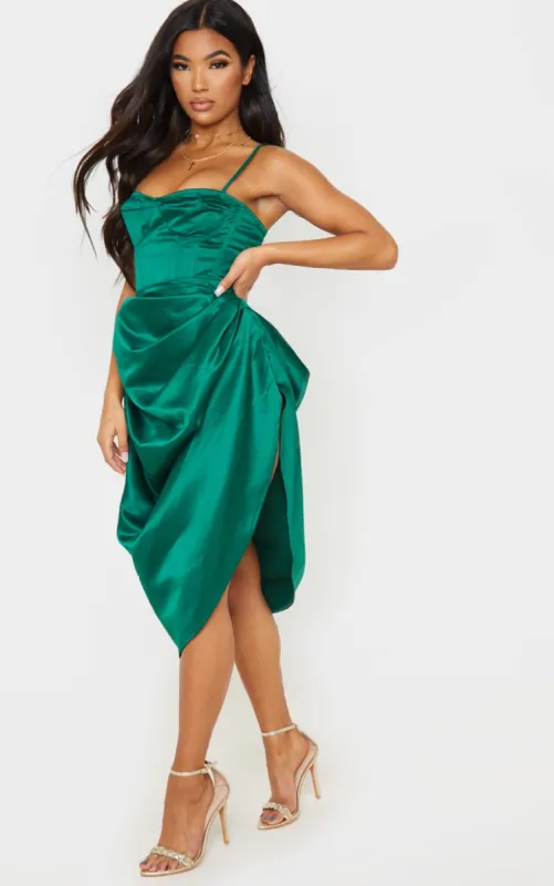 Emerald Green Satin Woven Ruched Side Midi Skirt sold by Pretty Little Thing