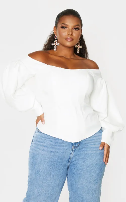 Plus White Bardot Balloon Sleeve Corset Top sold by Pretty Little Thing