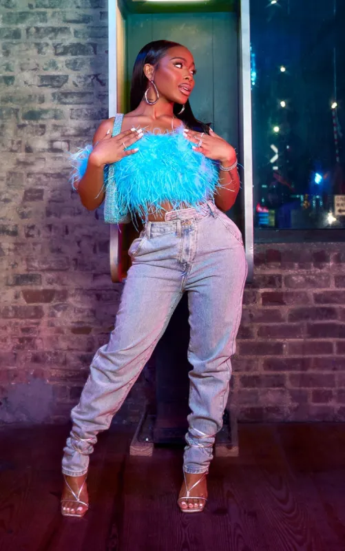 Light Blue Wash Asymmetric Waistband Long Straight Leg Jeans sold by Pretty Little Thing