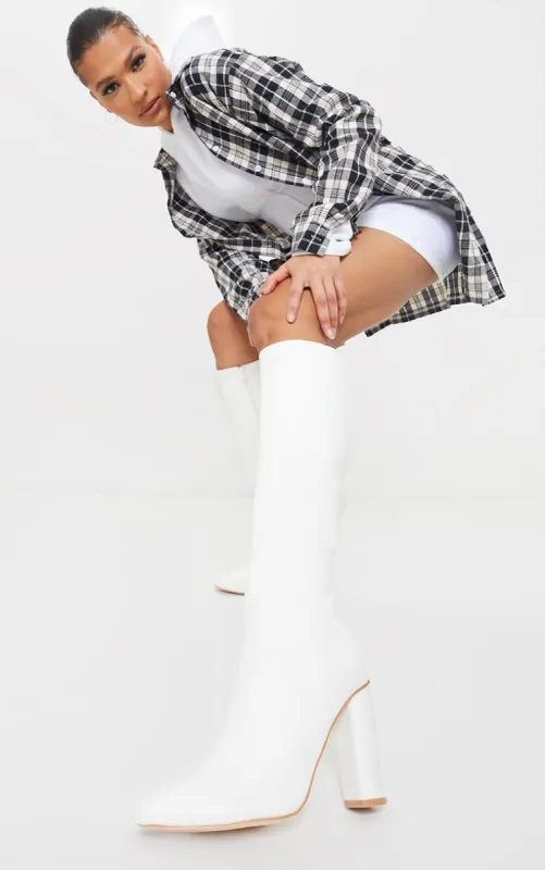 White Round Block Heel Knee High Boots sold by Pretty Little Thing